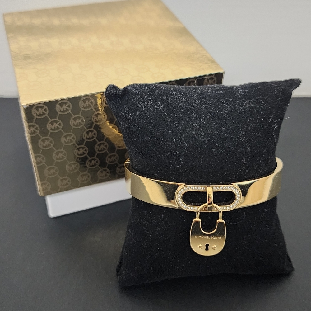 NWT Michael Kors Goldtone Cuff Bracelet Lock Pendant Rhinestones 7.5" RARE
